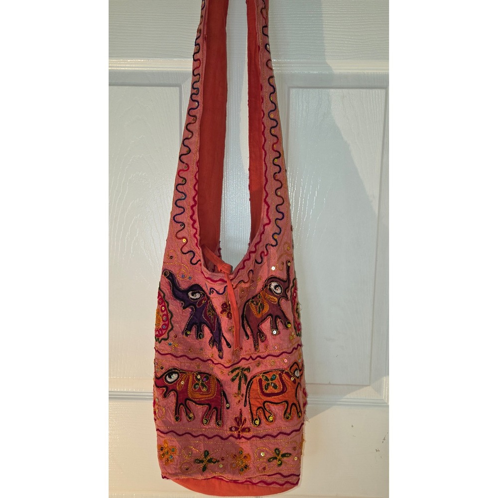 Boho Pink Elephant Embroidered Hobo Bag Sequin Slouchy Shoulder Bag Pink Coral